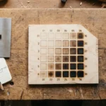 Grille de test vitesse et puissance gravée sur une chute de contreplaqué, atelier KreativPM à Villeurbanne
