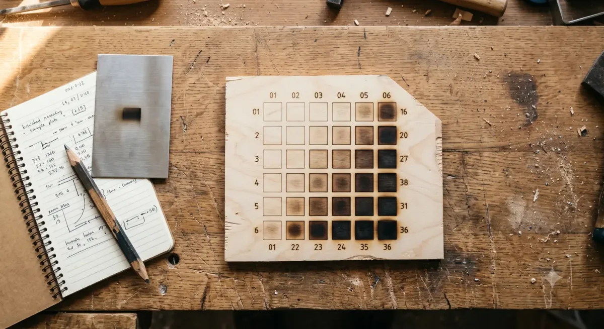 Grille de test vitesse et puissance gravée sur une chute de contreplaqué, atelier KreativPM à Villeurbanne
