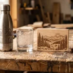Objets gravés au laser dans mon atelier de gravure laser à Lyon, à Villeurbanne : gourde en inox, verre, plaque de bois et porte-clés en acrylique