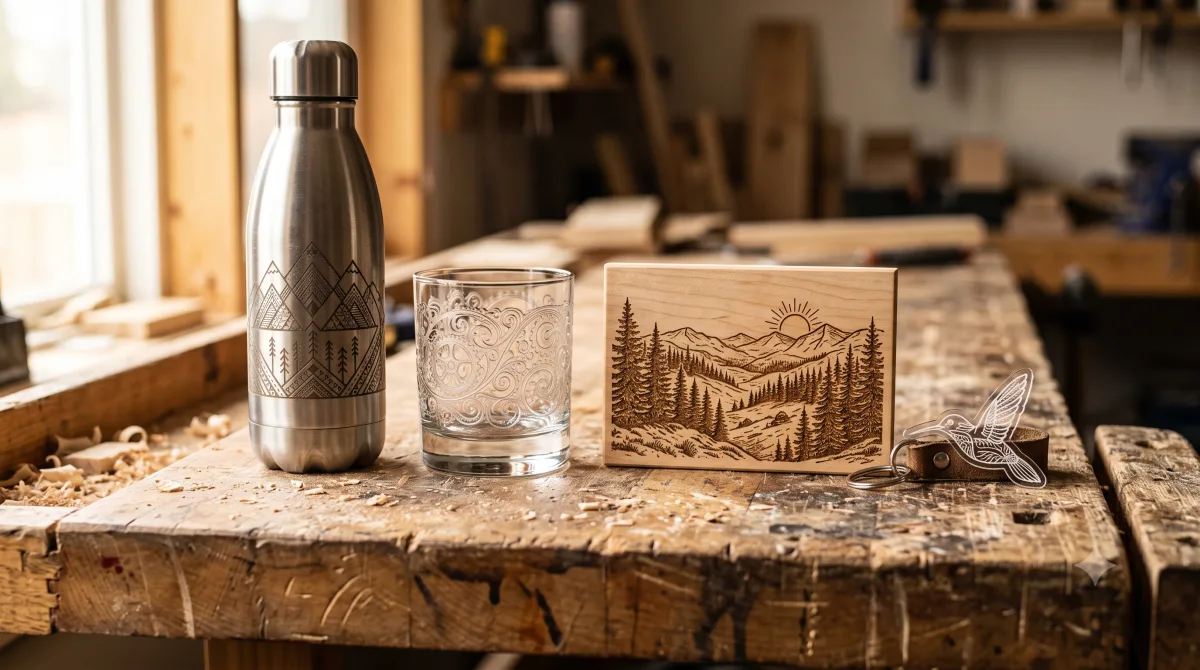Objets gravés au laser dans mon atelier de gravure laser à Lyon, à Villeurbanne : gourde en inox, verre, plaque de bois et porte-clés en acrylique